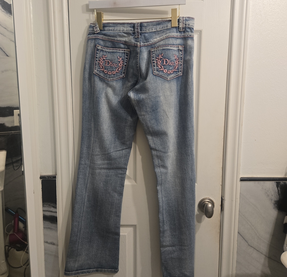 Dior Straight-Leg Light Blue Jeans with Pink Embroidered Back Pockets LOW RISE